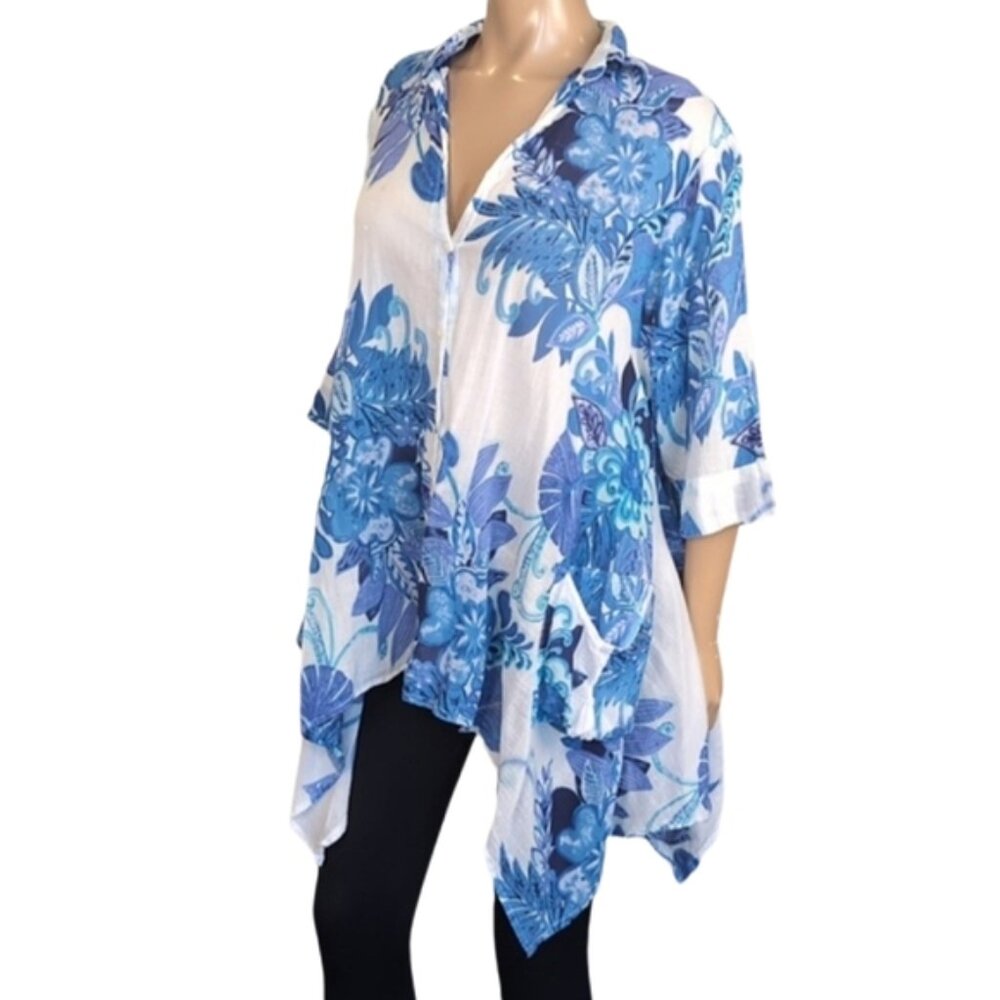 💠Orange Fashion Village Handkerchief Tunic Top Buttoned Floral Swim Cover Blue